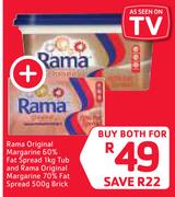 Rama Original Margarine 60% Fat Spread-1Kg Tub & Rama Original Margarine 70& Fat Spread-500g Brick 