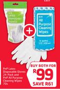 PnP Latex Disposable Gloves 24 Pack & PnP All Purpose Cleaning Wipes-70s Both For
