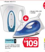 Counter Point 1.7Ltr White Corded Kettle ACK1711 With Steam & Dry Iron CPSI-100-Both For