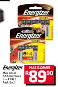 Energizer Max AA Or AAA Batteries 8 + 4 Free Pack-Each