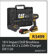 CAT 18V Impact Drill Brushless 65nm Kit 2 x 2.0Ah Charger DX 1120 850037017