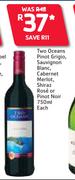 Two Oceans Pinot Grigio,Sauvignon Blanc,Cabernet Merlot,Shiraz Rose Or Pinot Noir-750ml Each