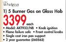 Whirlpool 5 Burner Gas On Glass Hob(AKT933/NB) Each