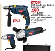 Ryobi Drill, Grinder And Cordless Screwdriver Set(DGS-50K)-Per Set