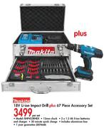 Makita 18V Li-lon Impact Drill+ 67 Piece Accessory Set(BHP453RHEX)-Per Set