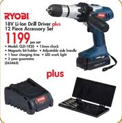 Ryobi 18V Li-lon Drill Driver+ 12 Piece Accessory Set(CLD-1820)-Per Set
