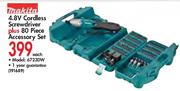 Makita 4.8V Cordless Screwdriver+ 80 Piece Accessory Set(6723DW)-Each