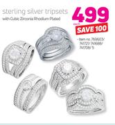 Sterling Silver Tripsets With Cubic Zirconia Rhodium Plated-Each