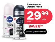 Nivea Mens Or Womens Roll On-50ml Each