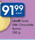Lindt Gold Milk Chocolate Bunny-200g Each