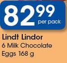 Lindt Lindor 6 Milk Chocolate Eggs-168g Per Pack