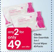 Clicks Skin Essentials 3 In 1 Facial Wipes 40 Packs-For 2