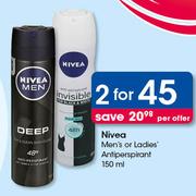 Nivea Men's Or Ladies Antiperspirant-2 x 150ml