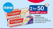 Colgate Natural Extracts, Total Clean Mint & Total Advanced Whitening Toothpaste-2x75ml Per Offer