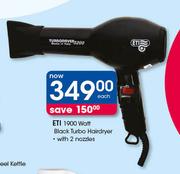 ETI 1900 Watt Black Turbo Hairdryer With 2 Nozzles-Each