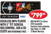 N Dixon Deckless MP4 Player With 3" TFT Screen, RDS Control,USB & SD Slots & Detachable