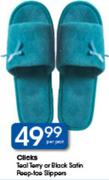 Clicks Teal Terry Or Black Satin Peep-Toe Slip Slippers-Per Pair
