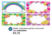 Tower Smiley Book Label 16PK 38 x 75mm (TWFB7538SMIL)