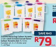 Sistema Juice Jug Colour Accents 2L And Sistema Cereal Saver Colour Accents Set 4.2L-Each