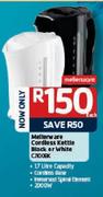 Mellenware Cordless Kettle Black Or White C110BK-Each