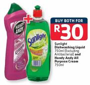 Sunlight Dishwashing Liquid 750ml And Handy Andy All Purpose Cream 750ml