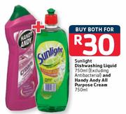Sunlight Dishwashing Liquid 750ml (Excluding Antibacterial) And Handy Andy All Purpose Cream-750ml