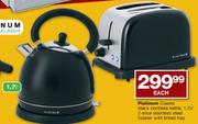 Platinum Classic Black Cordless Kettle 1.7Ltr/2-Slice Stainless Steel Toaster With Bread Tray-Each