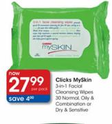 Clicks MySkin 3-in-1 Facial Cleansing Wipes 30 Normal,Oily & Combination or Dry & Sensitive-Per Pack