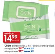 Clicks Skin Essentials 3-in-1 Facial Cleansing Wipes 60 Wipes-Per Pack