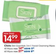 Clicks Skin Essentials 3-in-1 Facial Cleansing Wipes 40 Wipes-Per Pack