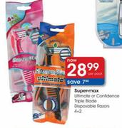 Super-Max Ultimate or Confidence Triple Blade Disposable Razors-4+2 per pack