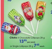 Clicks 4 Chocolate Lollipops 28g-Per Pack