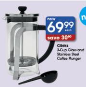 Clicks 3-Cup Glass and Stainless Steel Coffee Plunger-Each