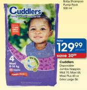 Cuddlers Disposable Jumbo Nappies Midi-70's/Maxi-66's/Maxi Plus-60's Or Extra Large-56's Per Pack