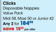 Clicks Disposable Nappies Value Pack Midi-2x58's/Maxi-2x50's/Junior-2x42's Each