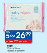 Clicks Baby Wipes Regular Or Sensitive-5 x 10's Per Pack