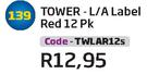 Tower L/A Label Red 12 Pk(TWLAR12S)