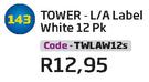 Tower L/A Label White 12 Pk(TWLAW12S)