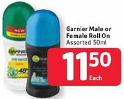 Garnier Male Or Female Roll On Assorted-50ml Each.