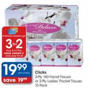 Clicks 3-Ply 160 Facial Tissues Or 3-Ply Ladies Packet Tissues-10 Pack