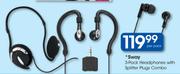 Sway 3-Pack Headphones With Spilitter Plug Combo