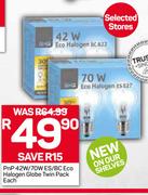 PnP 42W/70W ES/BC Eco Halogen Globe Twin Pack Each
