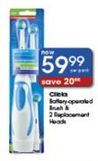 Clicks Battery-Operated Brush & 2 Replacement Heads-Per Pack