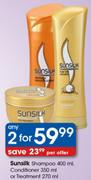 Sunsilk Shampoo 400ml,Conditioner 350ml or Treatment 270ml-2 packs Each