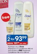 2 Dove Shampoos or Conditioner 400ml + Free Treatment Conditoner 180ml or 200ml