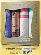 Yardley 4-Pack Female Body Spray-90ml Each