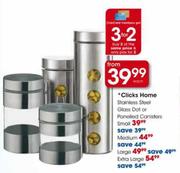 Clicks Home Stainless Steel Glass Dot or Panelled Canisters Small-Each