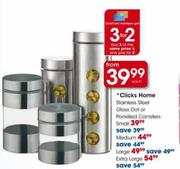 Clicks Home Stainless Steel Glass Dot or Panelled Canisters-Medium