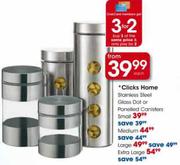 Clicks Home Stainless Steel Glass Dot or Panelled Canisters-Large