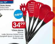 Clicks Home Silicone Ladie,Skimmer,Slotted Turner,Spaghettti Spoon or Spoon with Plastic Handle-Each